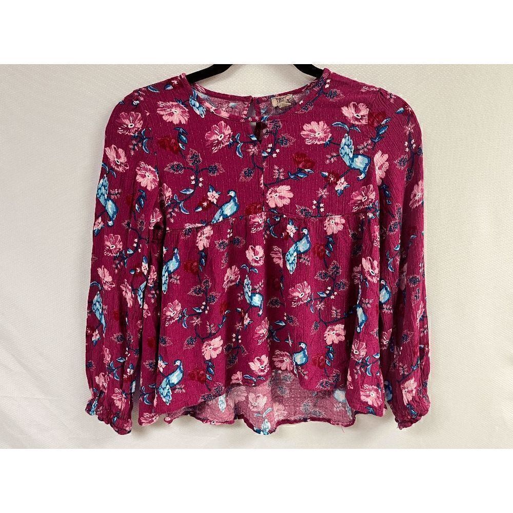 True Craft Womens Tunic Long Sleeve Crew neck Blouse Burgundy Floral Size Large